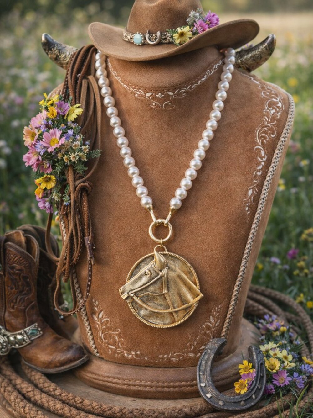 Western Horse Head Pearl Necklace | Gold Equestrian Pendant Necklace |